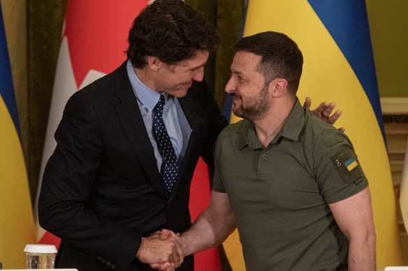 Canadian Prime Minister Justin Trudeau and Ukrainian President Volodymyr Zelensky in Kyiv on Saturday.