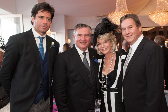 Jeff Browne (right), pictured with AFL CEO Gillon McLachlan, then Collingwood president Eddie McGuire and Browne’s wife Rhonda Wyllie.