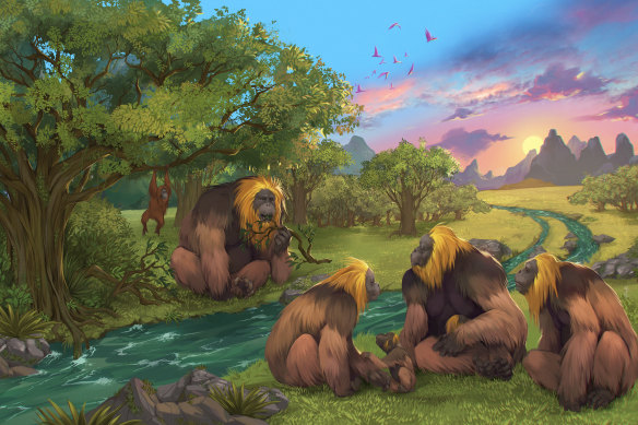 An artist impression of a group of G. blacki within a forest in southern China