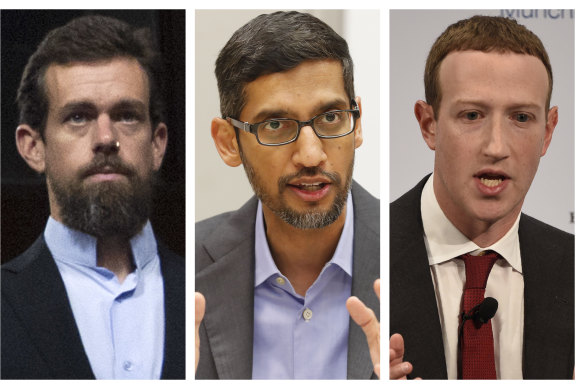 Twitter CEO Jack Dorsey (left), Google CEO Sundar Pichai (centre) and Facebook CEO Mark Zuckerberg.