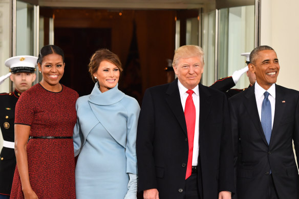 Michelle Obama, left, and Barack Obama, right, welcomed Melania and Donald Trump to the White House for Trump's inauguration in 2017.