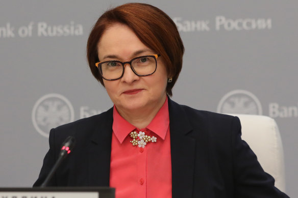 Elvira Nabiullina, governor of Russia's central bank, speaks during a news conference.