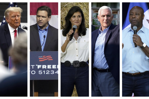 From left: former President Donald Trump, Florida Governor Ron DeSantis, former UN ambassador Nikki Haley, former Vice President Mike Pence and South Carolina Senator Tim Scott. 