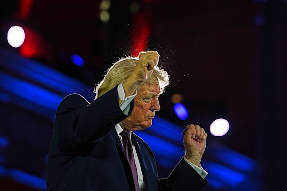 US President Donald Trump dances after speaking at the National Republican Congressional Committee’s annual fundraising dinner this week. 
