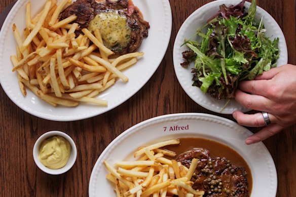 Steaks at 7 Alfred served with umami butter (left) and peppercorn sauce (bottom).