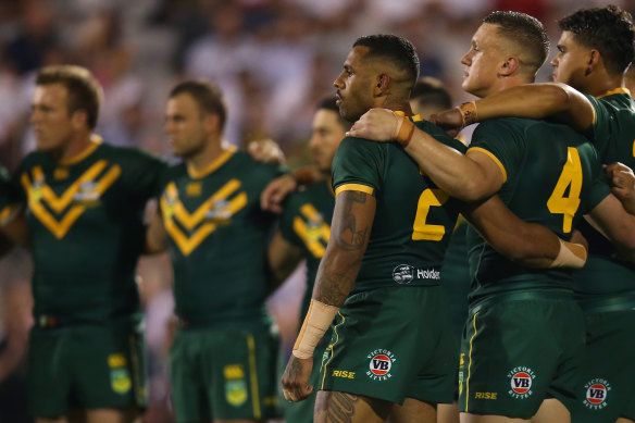 The Kangaroos lining up before a Test against New Zealand in 2019.