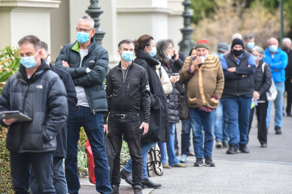 People were turned away from the Exhibition Building after queuing for hours for a Pfizer vaccine.