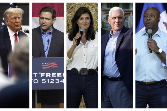 From left: former president Donald Trump, Florida Governor Ron DeSantis, former UN ambassador Nikki Haley, former vice president Mike Pence and South Carolina senator Tim Scott.