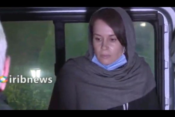 Iranian State TV aired footage showing Kylie Moore-Gilbert at an airport in Tehran after her release in 2020.