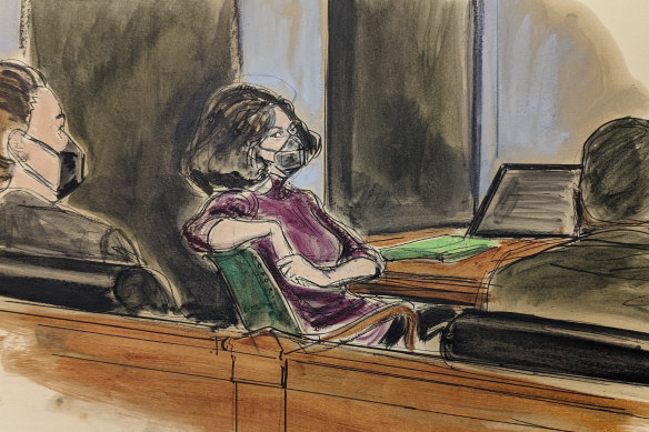 A courtroom sketch of Ghislaine Maxwell, who is on trial for alleged sex trafficking.