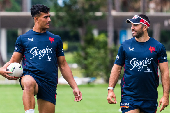 Joseph Suaalii and James Tedesco at Roosters training.