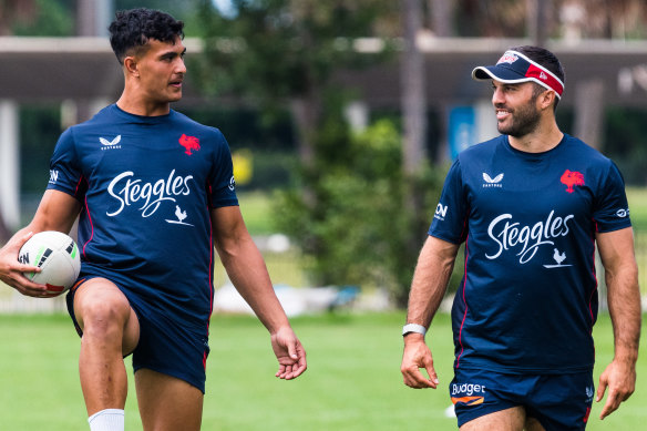 Joseph Suaalii and James Tedesco at Roosters training this week.