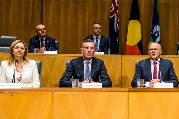 Queensland Premier Annastacia Palaszczuk (front left) and Prime Minister Anthony Albanese (front right) in Canberra on Friday with other state and territory leaders after a meeting of national cabinet.