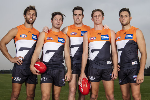 The new GWS Giants leadership group, minus captain Stephen Coniglio. (From left) Matt De Boer, Toby Greene, Jeremy Cameron, Lachie Whitfield and Josh Kelly.