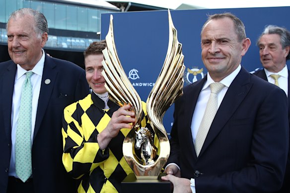 James McDonald and Chris Waller lift the Golden Eagle trophy after Autumn Glow’s 2025 success.