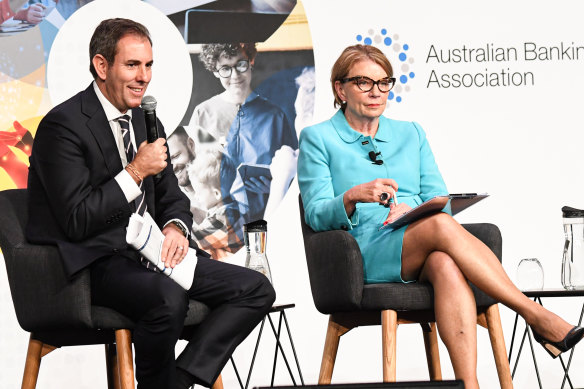 Anna Bligh shares the stage with Treasurer Jim Chalmers at Wednesday’s conference.