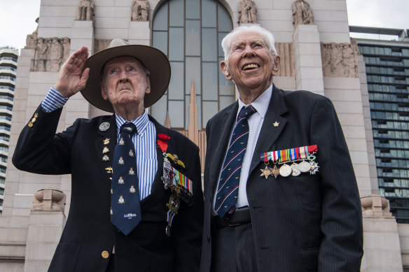 Ron Houghton, then 96, and Tony Adams, 97, of The Australian Air Force Association (New South Wales branch) led a service at the Anzac Memorial in Hyde Park commemorating the RAAF Centenary in 2021.