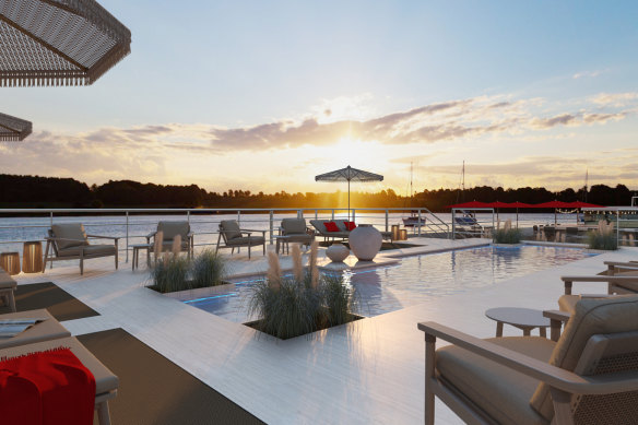 An artist’s impression of the top deck pool and bar.