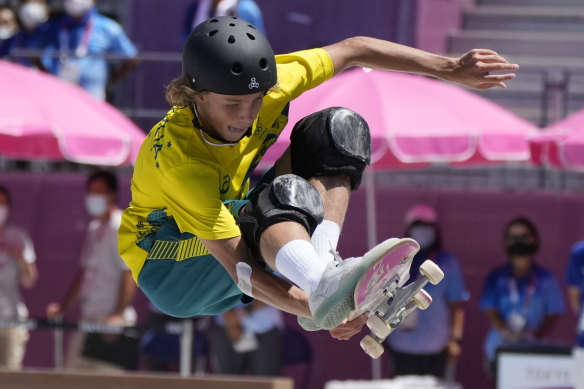 Keegan Palmer of Australia competes in the men’s park skateboarding finals on Thursday.