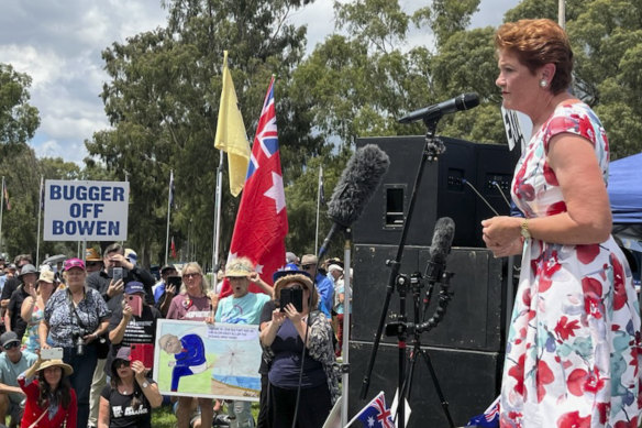 Pauline Hanson addressed protesters outside Parliament House on Tuesday.