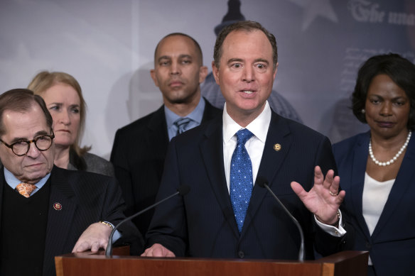 Adam Schiff, with other House Democratic impeachment managers, speaks about the impeachment trial of President Donald Trump on Saturday.