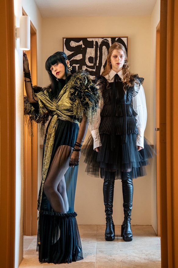 Fashion designer Gail Sorronda with Liana Lottie in an outfit from her In Dreams collection for Australian Fashion Week, photographed at Oxford House.