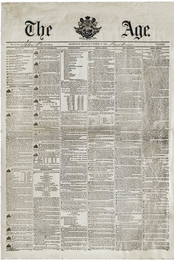 The Age’s first front page, published on October 17, 1854.