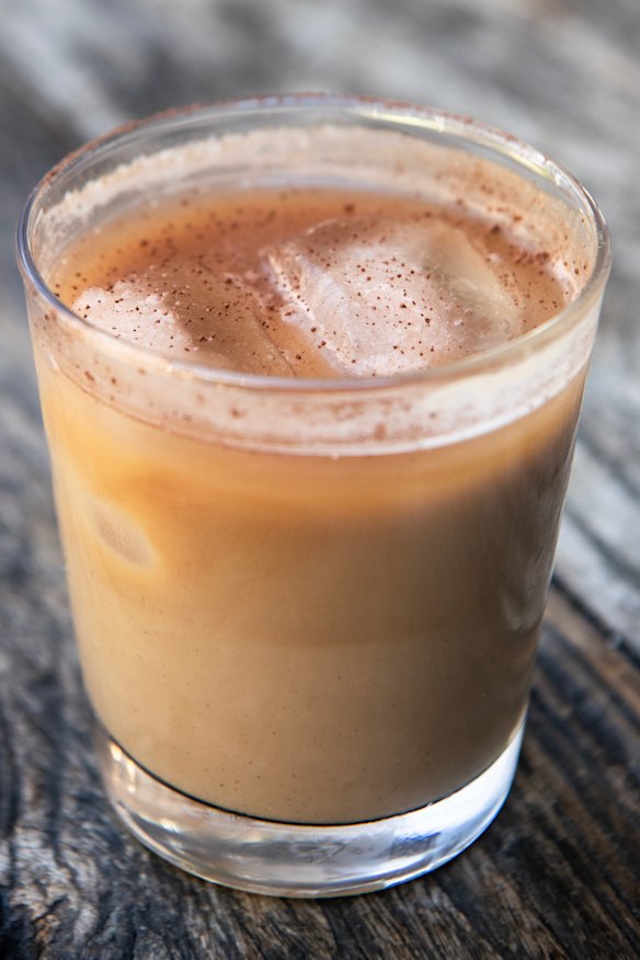 Rosenberg’s iced latte with chocolate powder sprinkled on top.