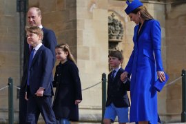 Prince George, Prince William, Princess Charlotte, Prince Louis, and Princess Catherine attend the Easter Service at Windsor Castle on April 9, 2023.