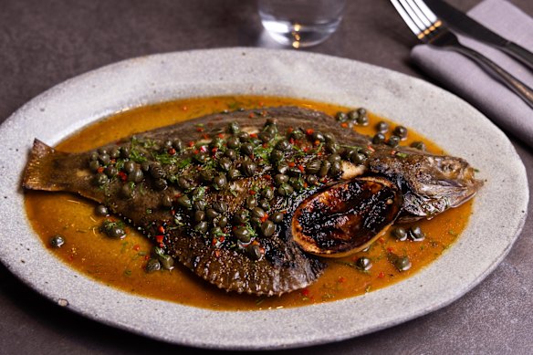 Flounder in a caper sauce fattened up with bone marrow.