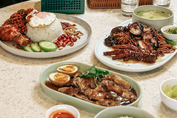 Nasi lemak, braised duck, dry wonton mee with barbecue pork and chicken feet. 