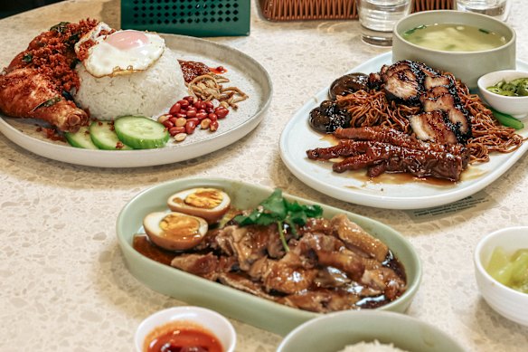 Nasi lemak, braised duck, dry wonton mee with barbecue pork and chicken feet.