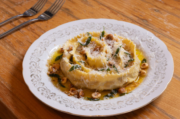 Smoked butternut pumpkin-filled pappardelle with hazelnuts, lemon and sage.