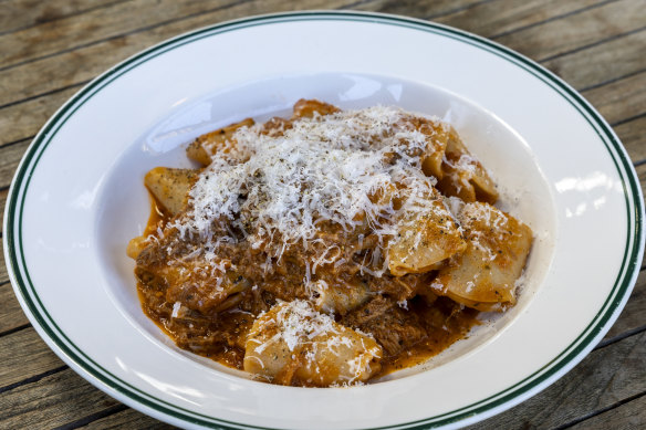 Paccheri pasta in a deeply meaty, shreddy boar ragu,