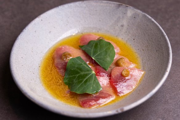 Raw fish (tuna, pictured) flavoured with wasabi with desert lime.