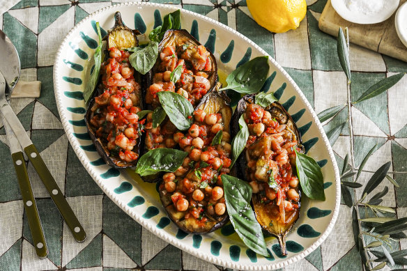 Roasted eggplants stuffed with chickpeas.