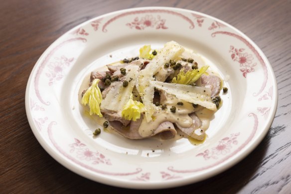 Vitello tonnato, poached veal accompanied by a smooth, lemony tuna sauce.