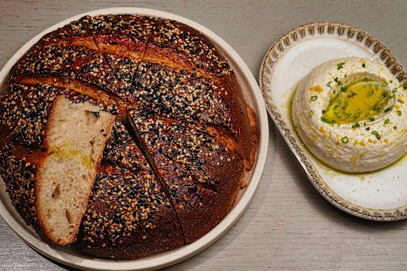 Sesame bread with tarama and eggplant dip at the Astoria Bar ke Grill.