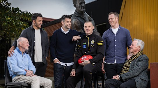 Richmond Football Club’s 300-gamers, from left to right: Kevin Bartlett, Shane Edwards, Trent Cotchin, Dustin Martin, Jack Riewoldt and Francis Bourke.