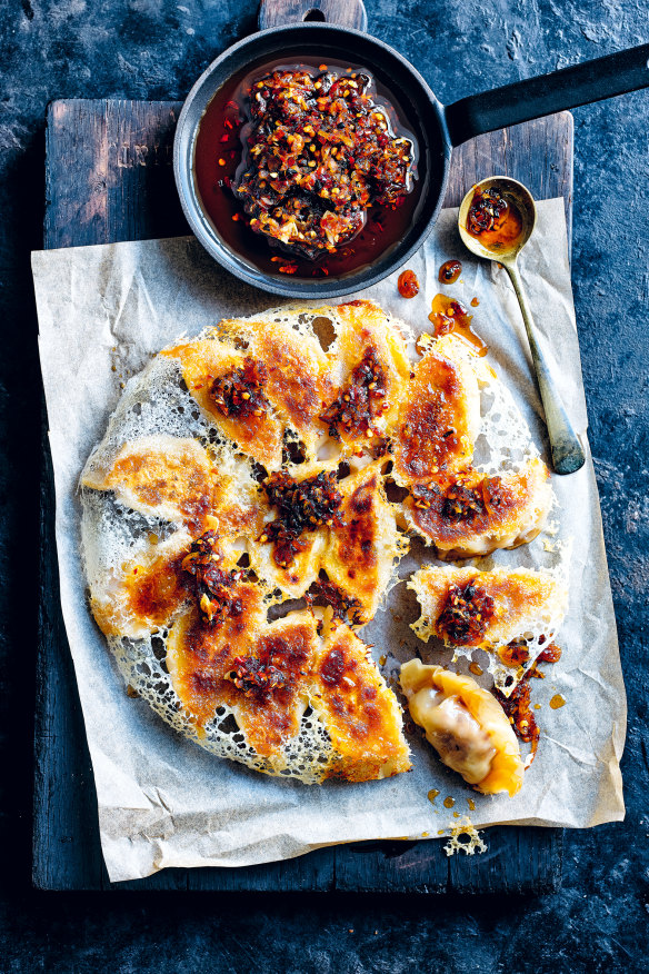 Pork wontons with crispy chilli oil.