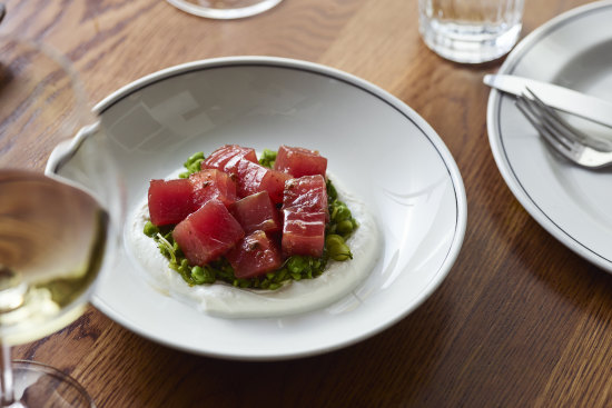 Tuna tartare with green pea and mint.