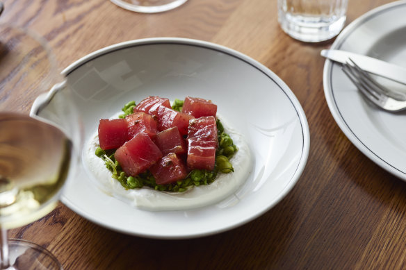 Tuna tartare with green pea and mint.