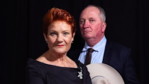 Pauline Hanson and Barnaby Joyce in Canberra in February: “People are hurting now, and they’re saying the majors don’t have the answers for it,” Hanson says. “They’ve become elitist.”