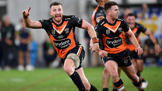 Jackson Hastings reacts after kicking the field goal to beat Parramatta,