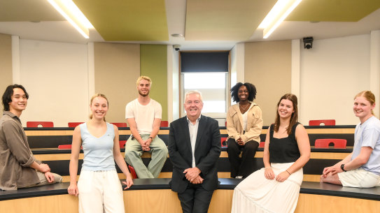 Ballarat Clarendon students (from left) Benjamin Nguyen, Georgina Kemp, Lucy Chester, Benjamin Nguyen,Tom Kirby, Paidamoyo Ndoro and Lucy Richardson with principal David Shepherd. 