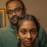 Eleven-year-old student Prisha Kumar with her father Vijay Kumar. Prisha was caught in the selective school fiasco in May.