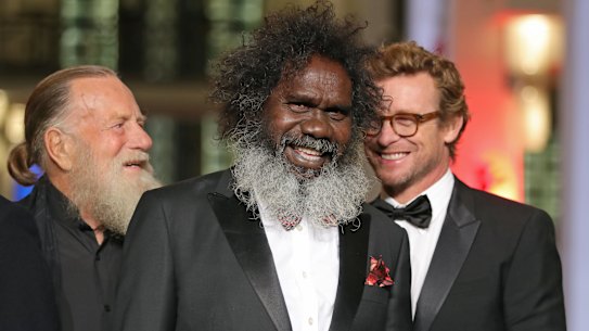 High Ground cast members Jack Thompson, Witiyana Marika and Simon Baker at the film’s premiere at the Berlinale International Film Festival in Berlin in 2020.