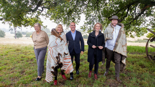 Aunty Joy Wandin Murphy, First Nations Assembly co-chair Geraldine Atkinson, Deputy Premier James Merlino, Minister for Aboriginal affairs, Gabrielle Williams and
 Marcus Stewart 