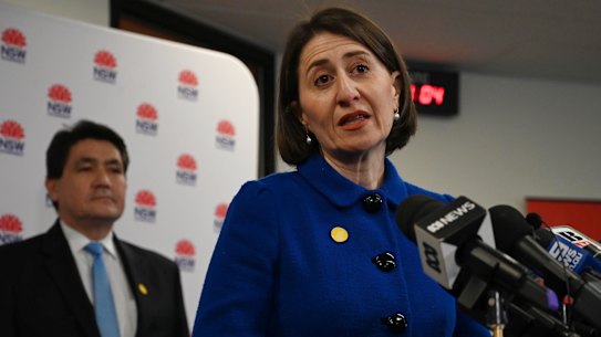 Premier Gladys Berejiklian and Minister Geoff Lee at Thursday's coronavirus briefing.