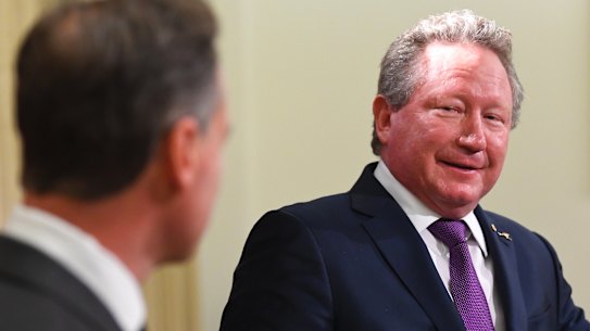 Andrew ''Twiggy'' Forrest at the Mindaroo Foundation press conference on Wednesday with Health Minister Greg Hunt. 